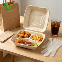 Boîte à clapet SUMKOKA 9 pouces à 3 compartiments en pulpe de canne à sucre couleur naturelle, emballage alimentaire en bagasse, boîte à emporter