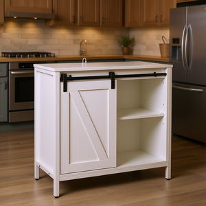 Aparador de Estilo Rústico con Estante Ajustable y Puerta Corredera Tipo Granero, Blanco, para Almacenamiento en la Cocina - Product Image 2