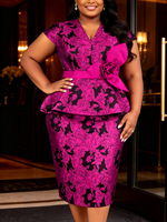 ADR060411 Robe peplum pour femme AOMEI à manches courtes en jacquard, grande taille, avec grande fleur