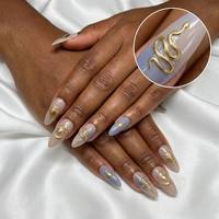 Faux Ongles Réutilisables en Gros, Effet 3D Doré en Relief, Longs Amande, Motif Serpent Céleste et Lune, Personnalisables avec Logo