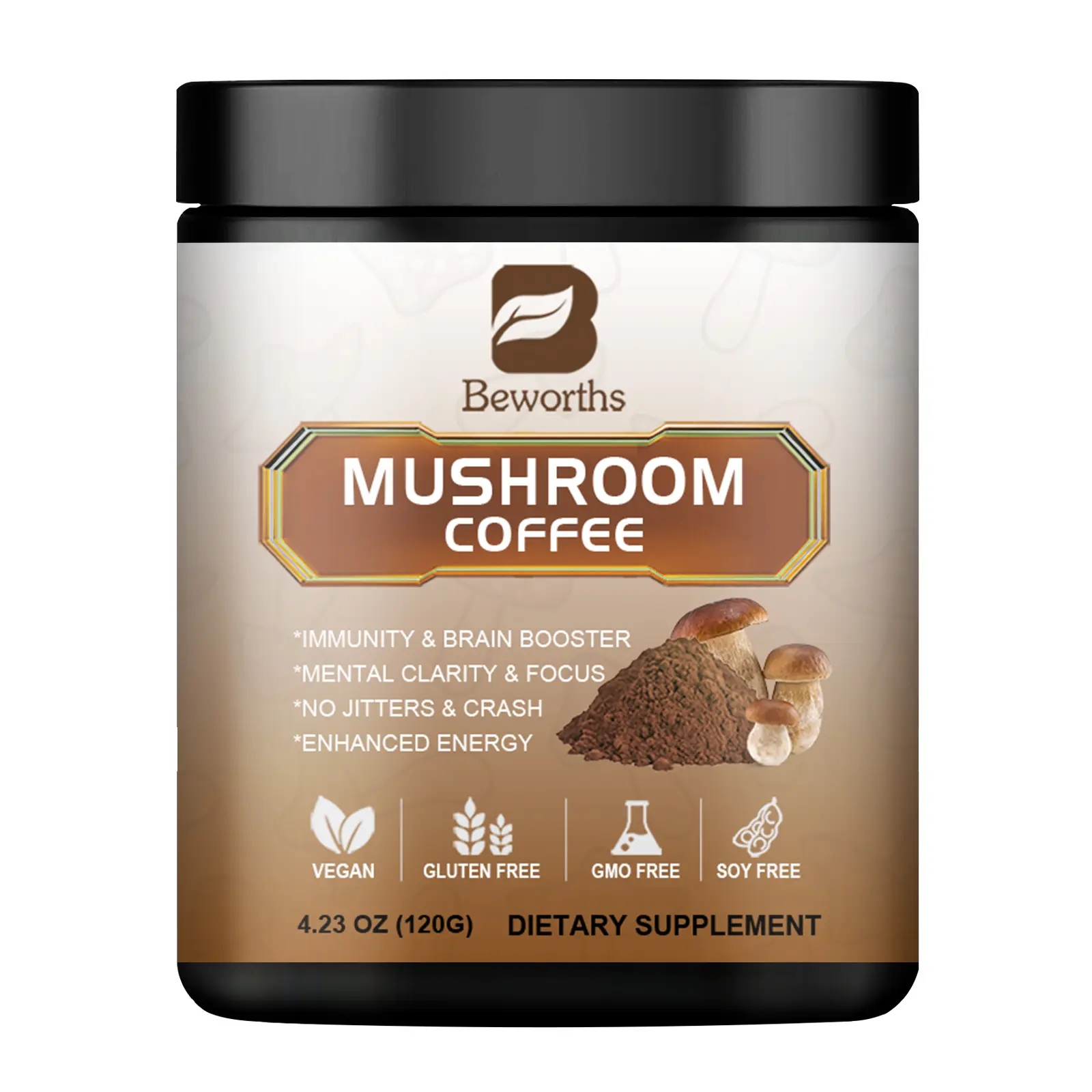 Beworths kopi bubuk organik jamur 120g, bubuk kopi instan campuran ekstrak Jamur 10 jenis
