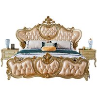 Neues Doppelbett im europäischen Stil aus Massivholz, echtes Leder, abnehmbarer Stauraum, anpassbare weiche Rückenlehne, luxuriös, französisch