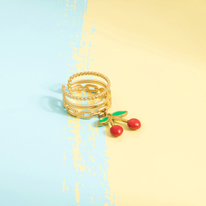 Pink Heart Cherry Pendant <b>Ring</b> Open Stainless Steel Fashion <b>Ring</b> For Women Gift Jewelry - Product Image 2