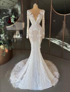 Vestido de Novia de Encaje Blanco Estilo Sirena, Talla Grande, con Perlas, Transparente, Estilo Vintage, Vestidos de Novia Árabes Aso Ebi - Product Image 5