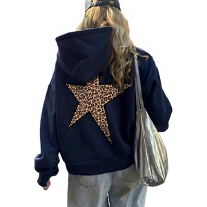 Sudadera con capucha extragrande para mujer, estampado de leopardo, espalda con estrellas, tejido vaquero, ropa de calle de invierno, lavado suave, informal - Product Image 1