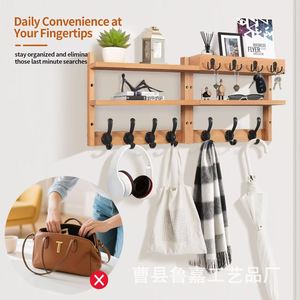 Wooden <b>Wall</b> <b>Mounted</b> <b>Shelf</b> 3 Tier With Hooks For Entryway Living Room Storage Rack Natural Wood Color - Product Image 5