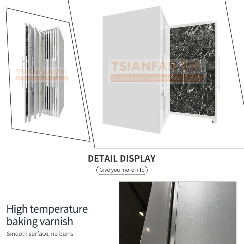Tsianfan Customized Telescopic Metal Holder Panel Marble Granite Sliding Display System Rack Stand Stone Tile Sample Showroom