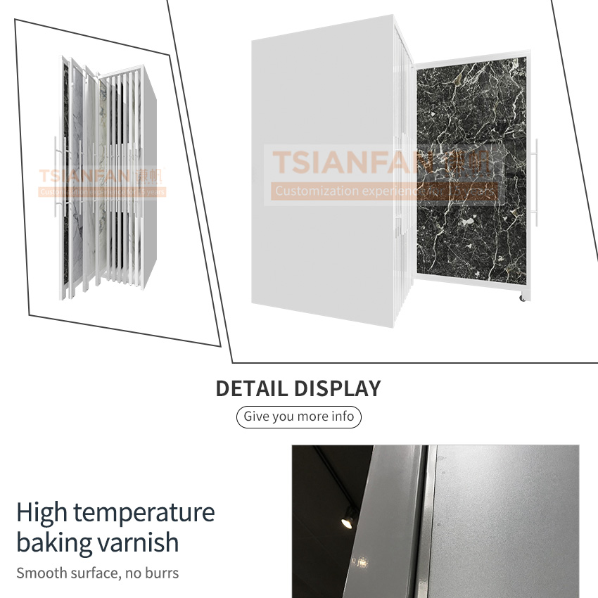 Tsianfan Customized Telescopic Metal Holder Panel Marble Granite Sliding Display System Rack Stand Stone Tile Sample Showroom