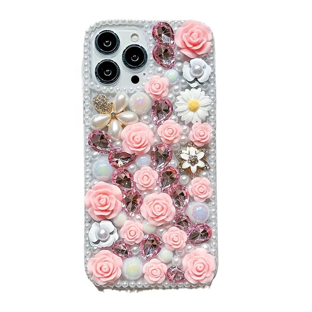 Premium Luxury Glitter Bling Rhinestone Pearl Inlaid Flower Funda Mobile Phone Cover Case For iPhone 16 15 14 13 12 11 Pro Max