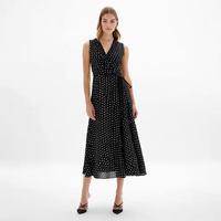 Robe mi-longue décontractée noire à pois pour femme avec logo personnalisé, sans manches, col en V, taille nouée, idéale pour l'été
