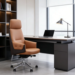 Chaise ergonomique en cuir fabriquée en Chine, mousse monobloc, châssis à 3 positions verrouillables, vérin à gaz de classe 3, roulettes silencieuses en PU noires de 60 mm - Product Image 1