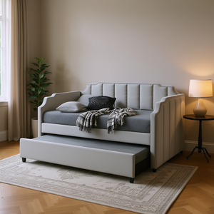 เตียงนอนผ้ากำมะหยี่สีเทาโดฟพร้อมเตียงเสริมแบบมีล้อเลื่อน ขนาดเตียงคู่ เฟอร์นิเจอร์ห้องนั่งเล่นสุดหรู - Product Image 2