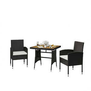 Set da pranzo da esterno in legno massello di acacia con telaio in acciaio e rattan PE nero, mobili da giardino per 2 persone, design contemporaneo - Product Image 1