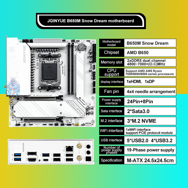 JGINYUE B650M Snow Dream AM5 Pc Motherboard Gaming Desktop Motherboard Supports 7000 8000 9000 Series Processors