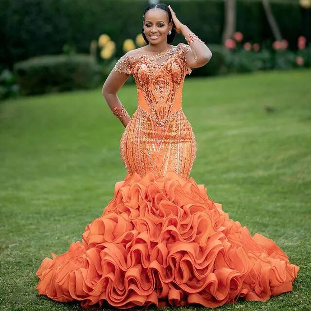 chinese dress ladies Mermaid Sequin Puffy Sleeves Prom Dresses