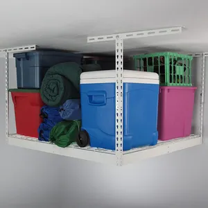JH-Mech White Medium Adjustable Ceiling Rack 4x4 With 2 Free Hooks For Garage Storage And Organization Overhead Storage Rack