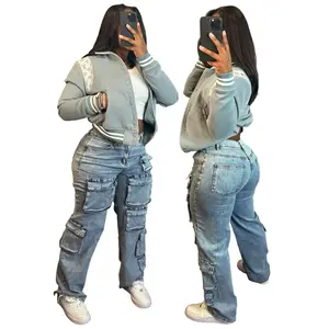 Women's Jeans Washed Blue Big Pockets 2024 High Waist Workout Denim Long Pants Casual Cargo Denim Jeans For Women