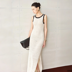 Abito lungo in maglia all'uncinetto con bordo a contrasto, senza maniche, girocollo, aderente, con spacco laterale e motivo geometrico traforato, da donna - Product Image 3