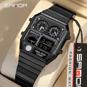 SANDA 3192 Montre Digitale LED Homme à <span class=keywords><strong>Cadran</strong></span> Carré, Multifonction avec Mesure de Température, Bracelet en Acier, Montre-Bracelet Sportive pour Homme, Idée Cadeau - Product Image 1