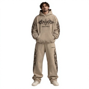 Ensemble survêtement streetwear pour homme, beige, coupe oversize, sweat à capuche et pantalon de jogging, logo brodé personnalisé, coton épais, deux pièces - Product Image 1