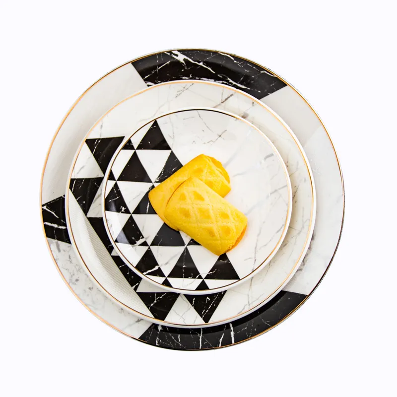 De cerámica de la placa de la cena conjuntos geométricas estilo de mármol restaurantes hoteles ronda placas de cerámica vajilla juegos plato y taza