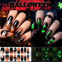 Autocollants pour ongles en gel semi-durcis non toxiques, personnalisés pour Halloween, effet toile d'araignée fantôme qui brille dans le noir, dégradé orange et noir, pour une fête effrayante