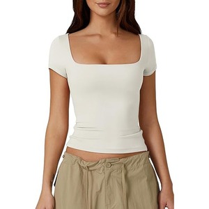 Haut court ajusté pour femme 2026, couleur unie, col <span class=keywords><strong>carré</strong></span>, manches courtes, style décontracté - Product Image 2
