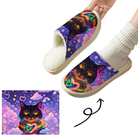 Chaussons Doux et Chauds en Coton Doux et Moelleux à Imprimé Chat Noir Rêveur avec Semelle Extérieure en EVA pour Femme et Homme – Idéal Printemps, Hiver, Maison, Cadeau
