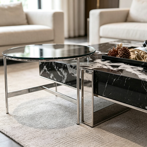 Modern Black Marble Coffee <b>Table</b> with Metal Frame Contemporary Living Room Furniture <b>Nesting</b> Design - Product Image 4