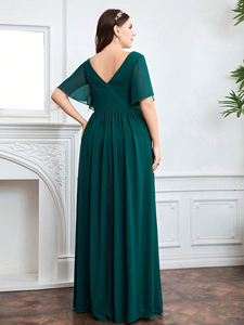 Robe de soirée formelle en mousseline plissée à col en V et manches courtes, dos nu, avec fente latérale, pour cocktail, fête ou mariage, pour femmes grandes tailles - Product Image 6