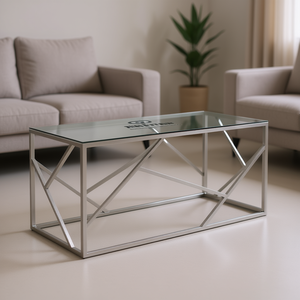 Tavolino da Caffè Moderno in Acciaio Inossidabile Argento con Piano in Vetro Temperato, Arredamento per Soggiorno - Product Image 2