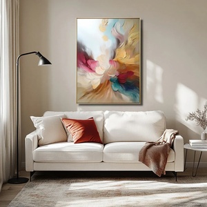 Pintura al Óleo Abstracta Pintada a Mano con Tonos Vibrantes de Rosa, Azul y Dorado, Pintura al Óleo de Flores Coloridas, Obra de Arte para Decoración de Pared del Hogar - Product Image 2