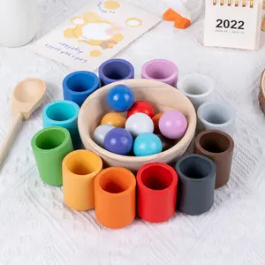 Hot Sale Wooden Rainbow Matching Ball Toddler Learning Color Sorting Counting Game Montessori Wooden Rainbow Matching Ball Toys