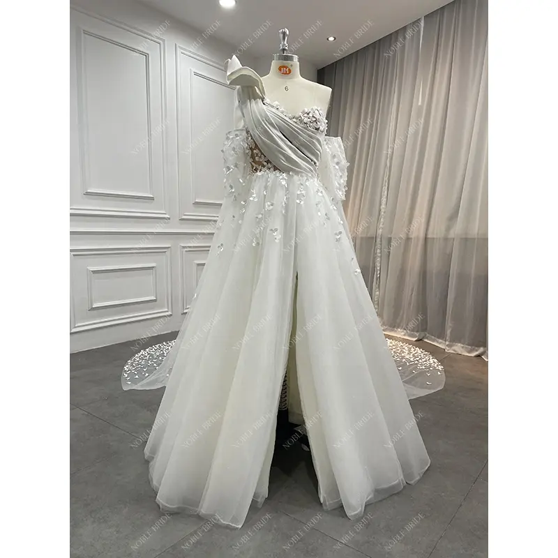 Manufacturer Women One Shoulder Sexy 3D Pearls Corset Bridal Gown Off Shoulder High Slit Tulle Skirt Wedding Dresses with Cape