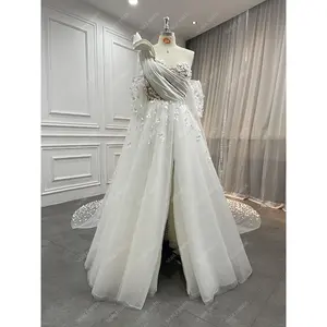 Fabricante Mulheres Um Ombro Sexy 3D Pérolas Corset Vestido De Noiva Fora Do Ombro Alta Fenda Tulle Saia Vestidos De Casamento com Capa