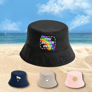Sombreros de cubo de algodón personalizados con bordado Diseña tu propio logotipo para la playa, ciclismo diario, uso informal, patrones de hojas de dibujos animados sólidos