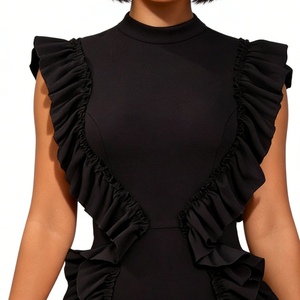 Robes midi noires à volants sans manches pour femmes - Robe de soirée élégante et formelle avec col montant et détail de volants superposés - Product Image 2