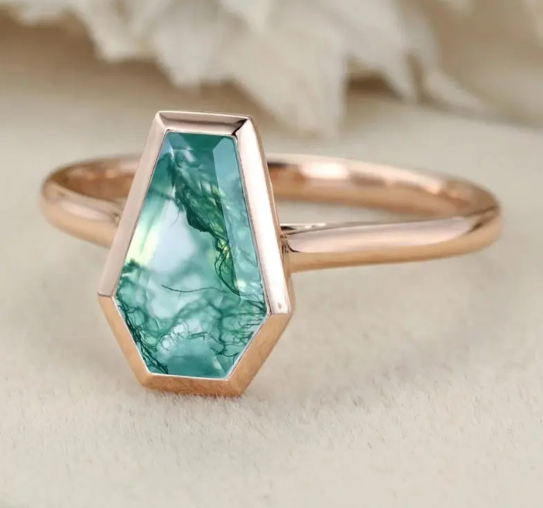 Tốt Tùy Chỉnh Đồ Trang Sức 14K Rắn Vàng Đá Quý Nhẫn 14K Rắn Vàng Tốt Quan Tài Cắt Moss Agate Engagement Ring