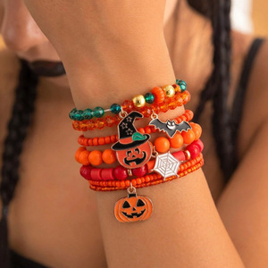 Lot <span class=keywords><strong>de</strong></span> Bracelets Extensibles pour Enfants, Thème Halloween : Citrouille Effrayante, Crâne et Perles Lettres – Idéal Cadeau <span class=keywords><strong>de</strong></span> Fête, Bijoux <span class=keywords><strong>de</strong></span> Collection - Product Image 1