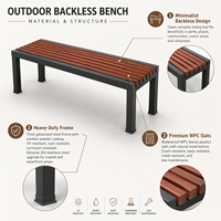 Banc de jardin extérieur sans dossier, structure en métal noir, lattes en bois composite WPC, banc de repos public pour jardin