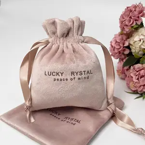 Bolsa de terciopelo rosa súper suave de lujo para joyería, bolsa de embalaje cosmética de regalo de polvo de terciopelo con cordón personalizado