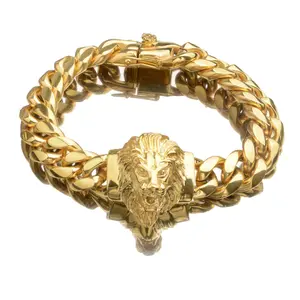 Hot Sales 316L Stainless Steel Custom 18K Gold Plating Lion Head Cuban Chain Bracelet Necklace for Men Women