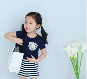 Conjunto de Ropa Infantil al por Mayor, Camiseta Casual de Manga Corta con Falda a Rayas, Trajes para Niñas Pequeñas de Fábrica China - Product Image 2
