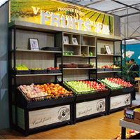 Supermarkt fruit- en groentekraam ontwerp, multiplex en staal, houten kleurdesign