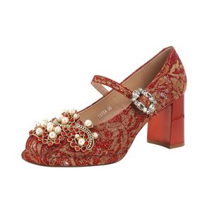 7555A-226 <b>Embroidered</b> Wedding <b>Shoes</b> Pearl Bead Thick Heel Square Toe Elegant Heeled Sandals Light Weight Bridal Wear - Product Image 5