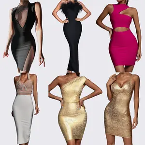 Bella Barnett Moda Feminina Spaghetti Strap Evening Preto Sexy High Slit Mesh Maxi Cocktail Bandage Vestidos Pretos Mulheres Elegantes