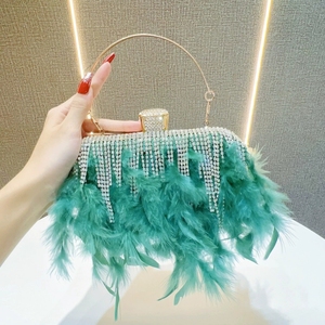 Bolso de Noche de Lujo con Plumas de Avestruz y Pedrería <span class=keywords><strong>para</strong></span> Mujer, Bolso de Mano con Asa de Metal <span class=keywords><strong>para</strong></span> Cena, Banquete, Fiesta - Product Image 3