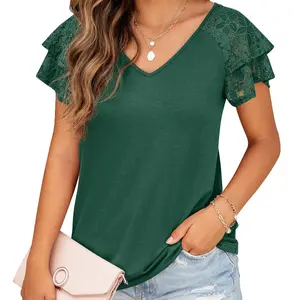 Custom Design Dark Green V Neck Loose Tops Double Lace Sleeve Shirts Casual Women Breathable Ladies Elegant Blouses