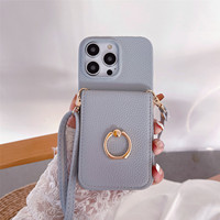 Casing selempang kulit PU iPhone, casing selempang kulit cermin Slot kartu, casing ponsel untuk iPhone XR 11 12 13 15 Plus Pro Max dengan tali bahu