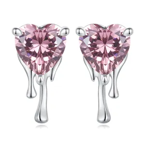 Anting-anting kancing perak murni 925 Hati Hari perhiasan desain mode anting-anting kancing bentuk hati zirkon merah muda untuk wanita